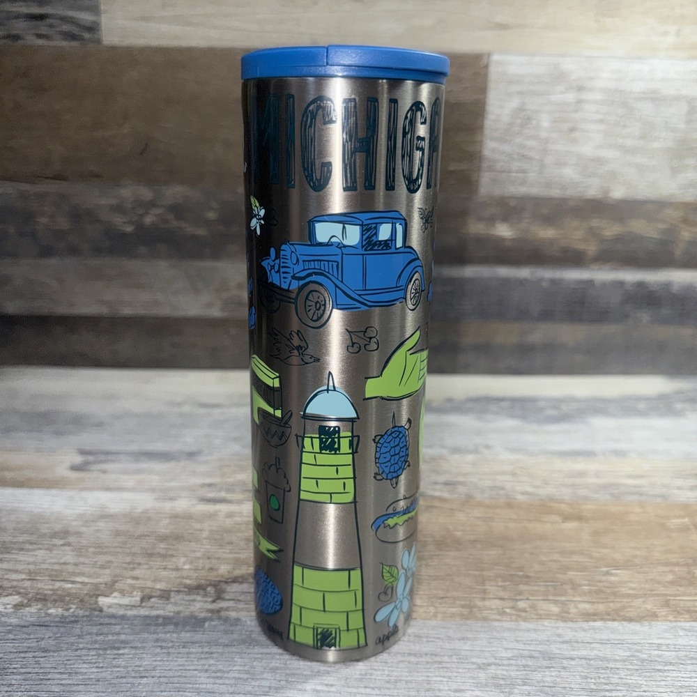 Starbucks Been There Series Michigan Stainless Steel Tumbler 16 Oz Blue Lid